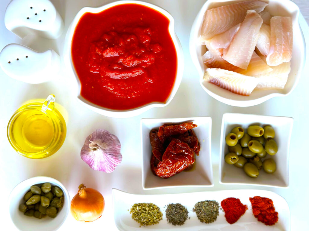 Ryba w pomidorach z oliwkami i kaparami - składniki przed przygotowaniem
