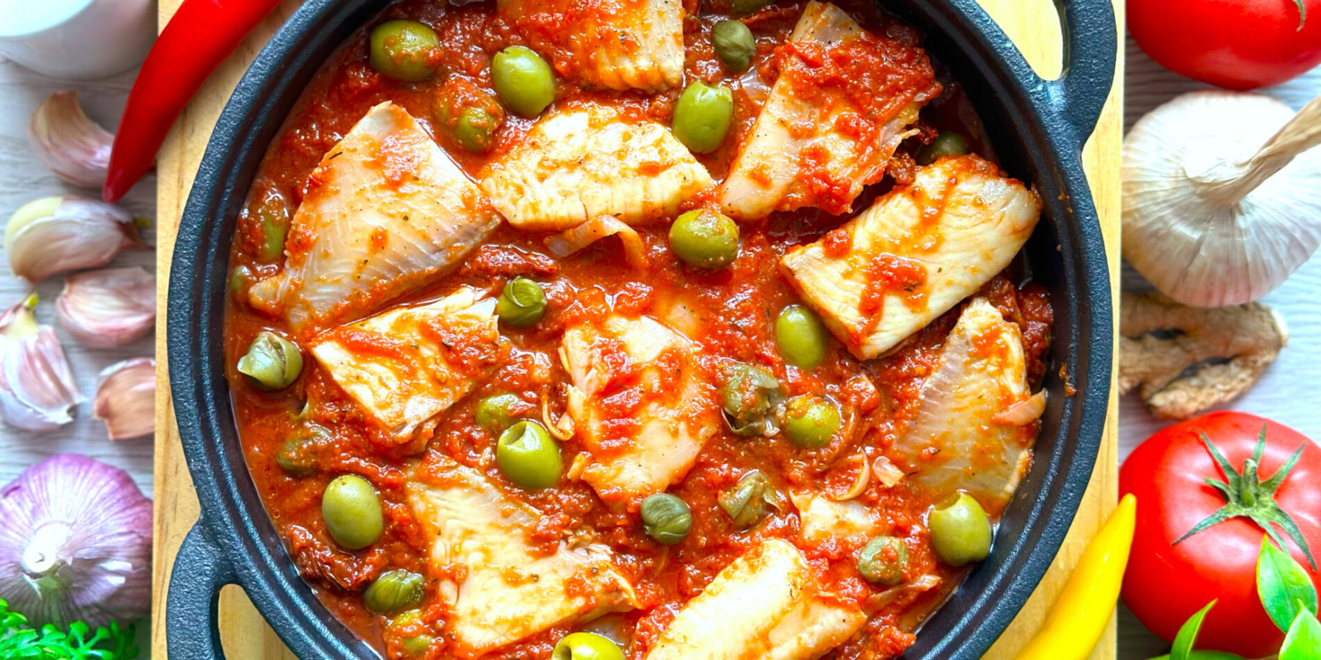 Ryba w pomidorach z oliwkami i kaparami - propozycja przygotowania