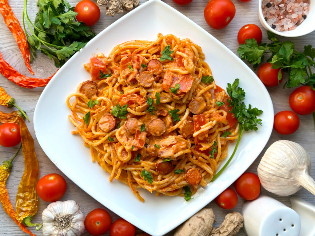 Spaghetti z kabanosami i pomidorami - gotowe danie