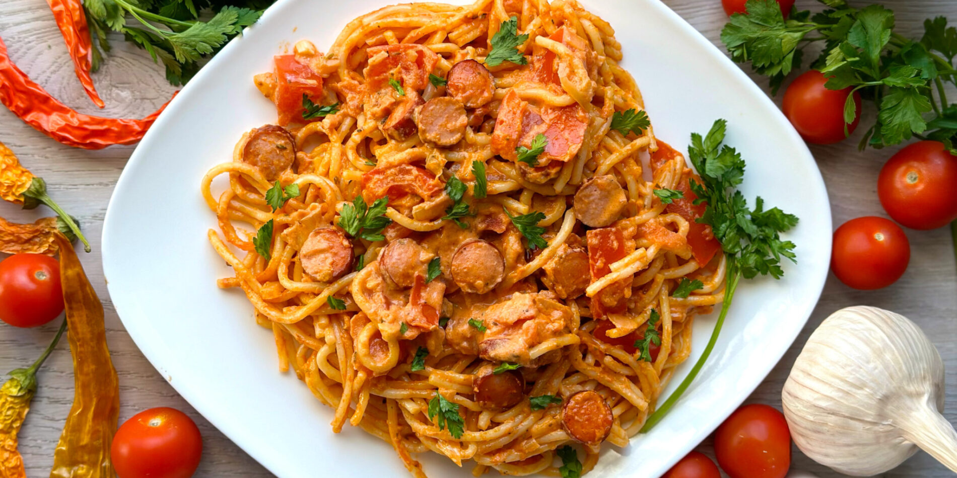 Spaghetti z kabanosami i pomidorami - propozycja przygotowania