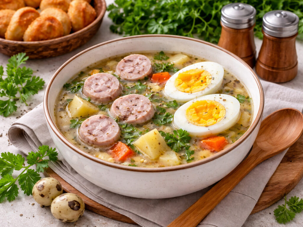 Żurek wielkanocny – tradycyjny żurek z białą kiełbasą - gotowe danie