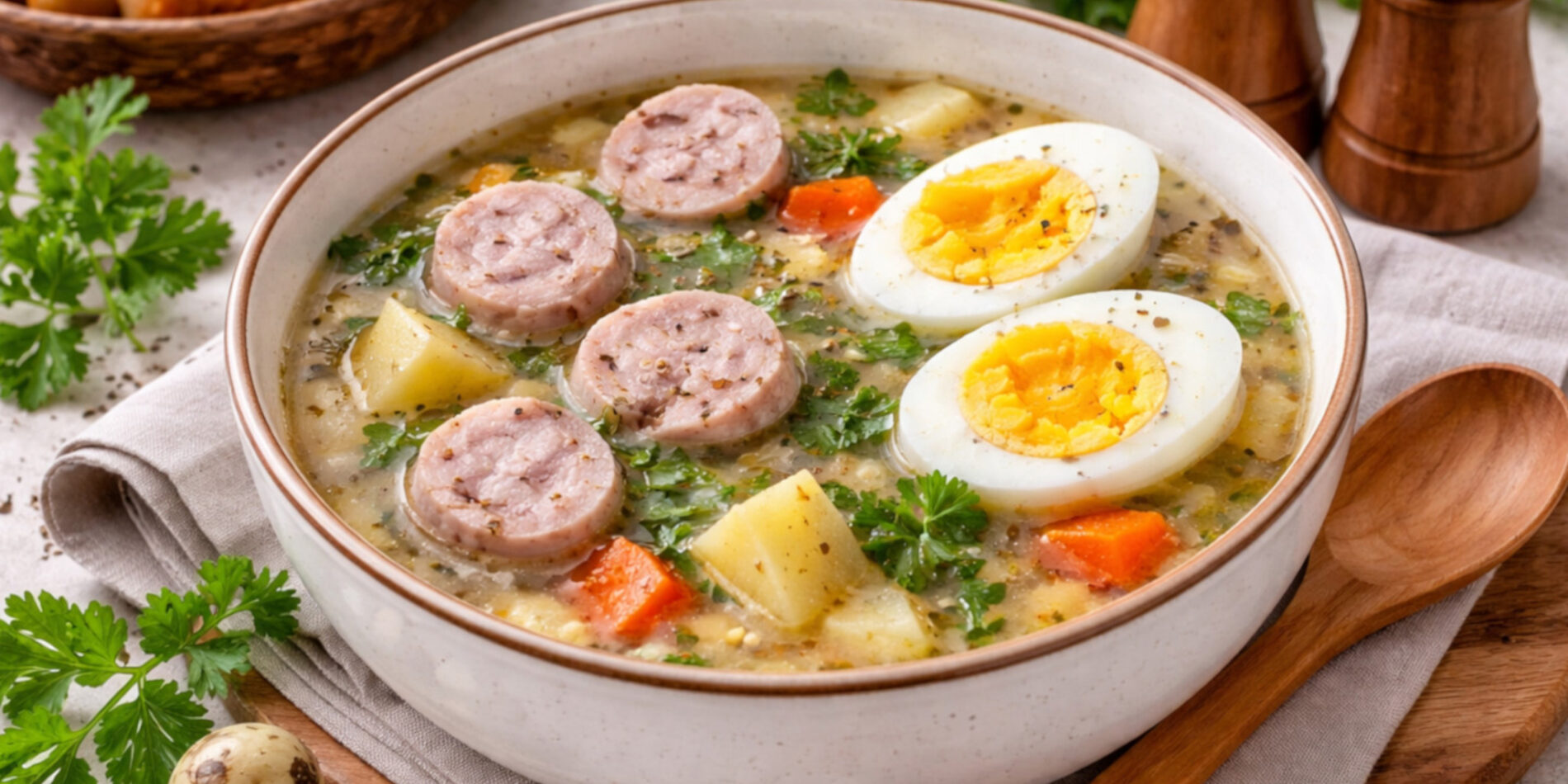 Żurek wielkanocny – tradycyjny żurek z białą kiełbasą - propozycja przygotowania
