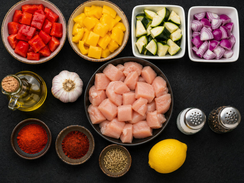 Grillowane szaszłyki z kurczakiem i warzywami - składniki przed przygotowaniem