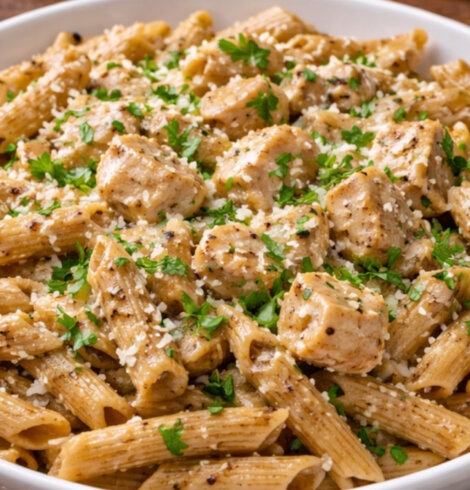 Makaron pełnoziarnisty z kurczakiem w lekkim sosie – szybki obiad