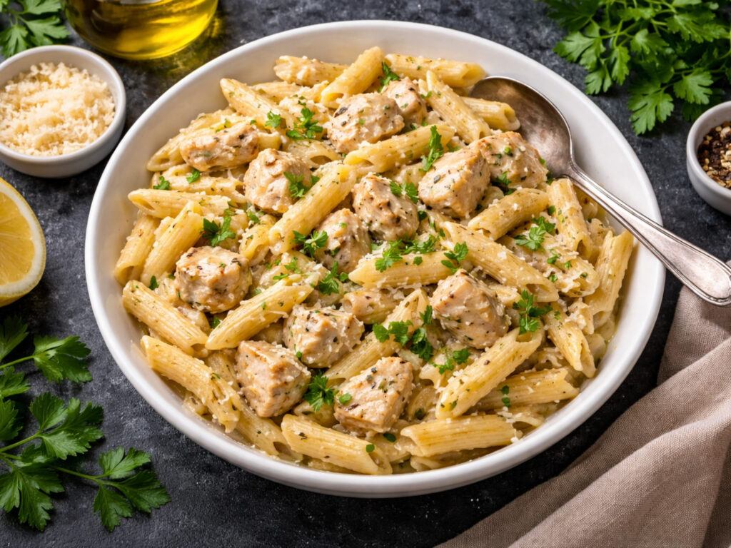 Makaron z kurczakiem w sosie śmietanowym - obiad w 30 minut - gotowe danie