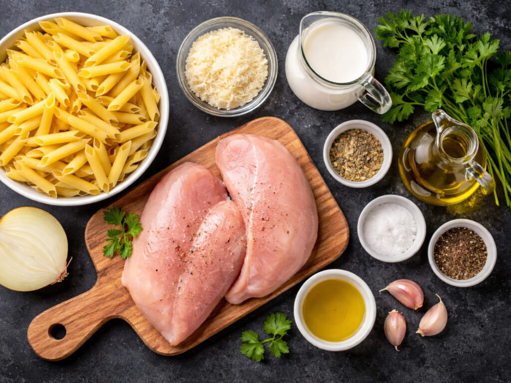 Makaron z kurczakiem w sosie śmietanowym - obiad w 30 minut - składniki przed przygotowaniem