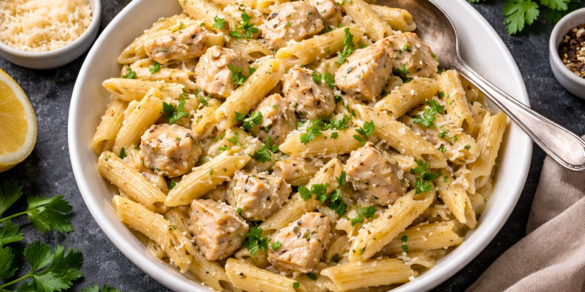 Makaron z kurczakiem w sosie śmietanowym - obiad w 30 minut - propozycja przygotowania