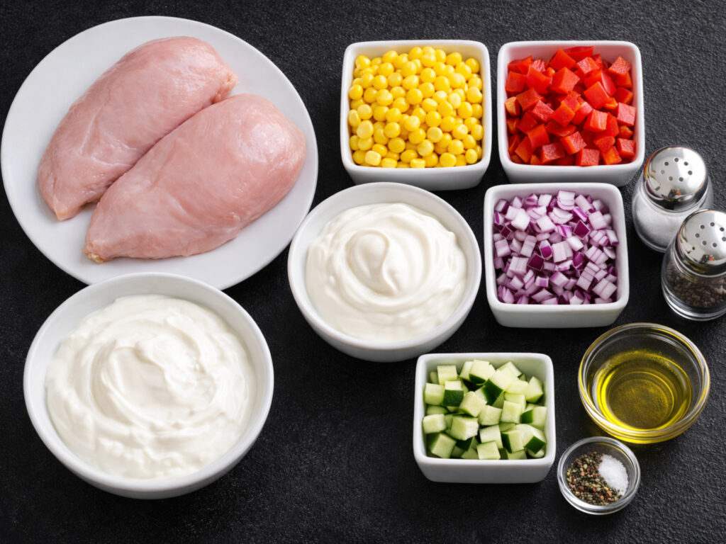Sałatka z kurczakiem i jogurtem - zdrowa sałatka na szybki posiłek - składniki przed przygotowaniem