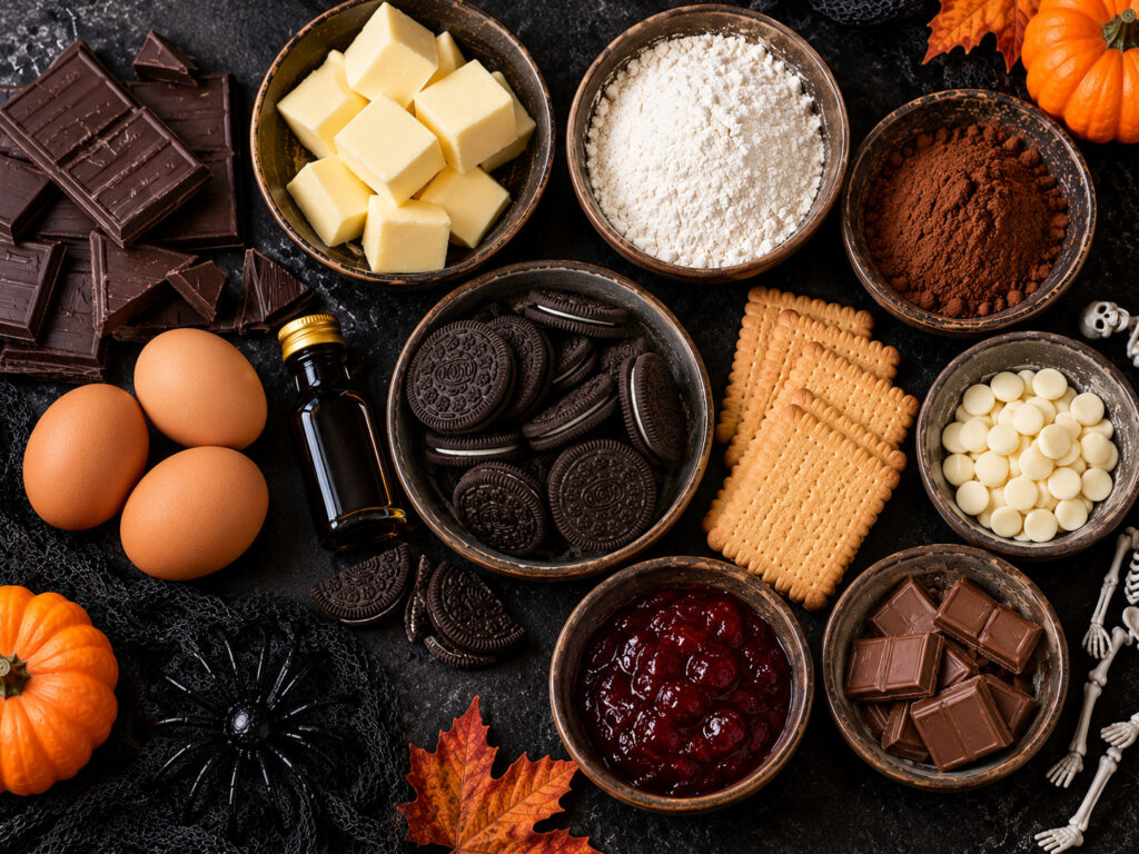 Brownie na Halloween z cmentarną dekoracją - składniki przed przygotowaniem