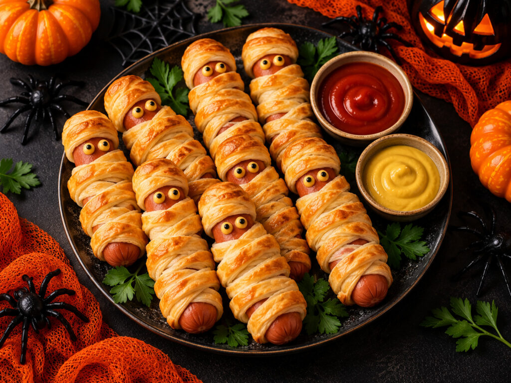 Parówki mumie na Halloween z ciasta francuskiego - gotowe danie
