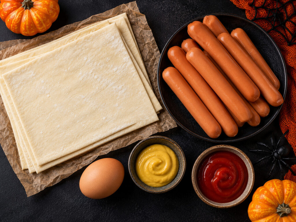 Parówki mumie na Halloween z ciasta francuskiego - składniki przed przygotowaniem