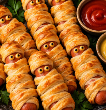 Parówki mumie na Halloween z ciasta francuskiego