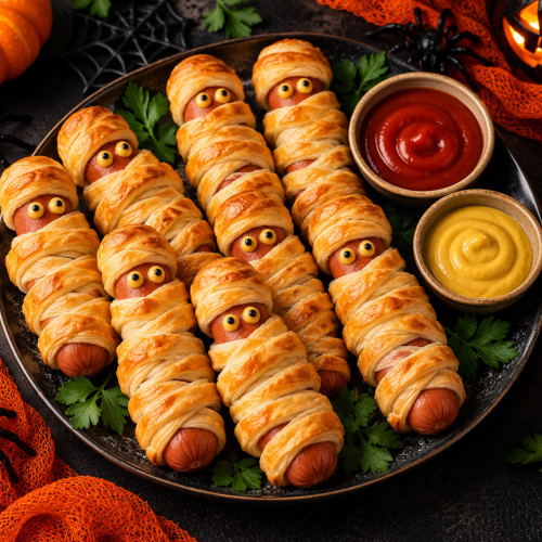 Parówki mumie na Halloween z ciasta francuskiego