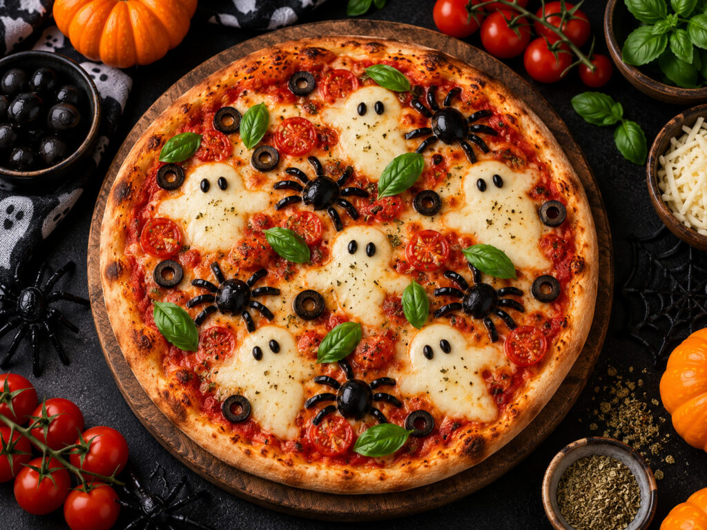 Pizza halloweenowa z duchami z mozzarelli - gotowe danie