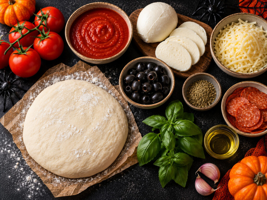 Pizza halloweenowa z duchami z mozzarelli - składniki przed przygotowaniem