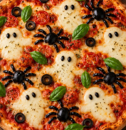 Pizza halloweenowa z duchami z mozzarelli