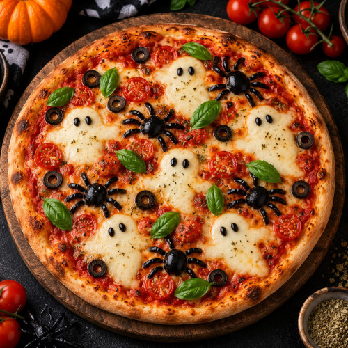 Pizza halloweenowa z duchami z mozzarelli